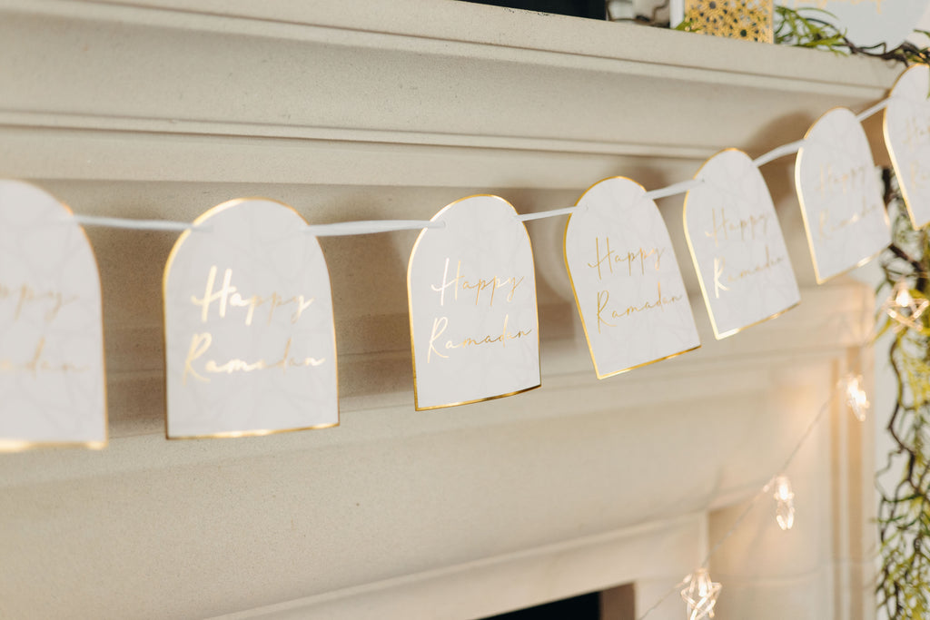 Decorative banner with 'Happy Ramadan' on a fireplace mantel. Ramadan Arches Banner; Ramadan Decorations; Party; Decor; Islamic Decor; Muslim Decor; Happy Ramadan; Jerusalem; Modern; Gold; Elegant; Arch Banner