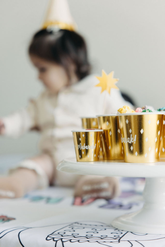 Metallic 'Mubarak' Paper Cups (Set of 12); Eid Cups; Ramadan Cups; Islamic Decorations; Muslim Decorations; Eid Al Adha Decorations; Eid Al Fitr Decorations; Ramadan Decorations; Classy; Elegant; Modern; Gold Cups; Disposable Decorations