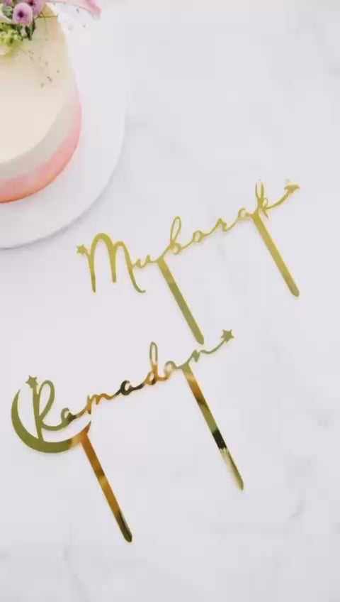 Acrylic Ramadan Mubarak Two-Piece Cake Topper, Eid, Ramadan, decor, party, Eid gifts and traditions, Islamic holidays, Ramadan fasting, Eid, Ramadan, Party, Decor, Holiday, Celebrate, Trendy, Elevated style, modern, elegant