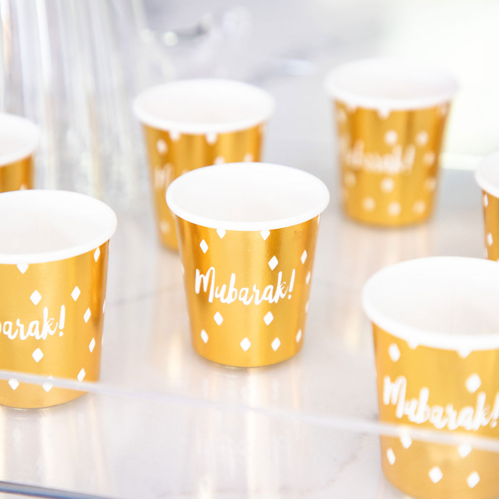 Products 'Mubarak!' Mini Paper Cups (Set of 100) 3oz Success, Eid gifts and traditions, Islamic holidays, Ramadan fasting, Eid, Party, water, drinks