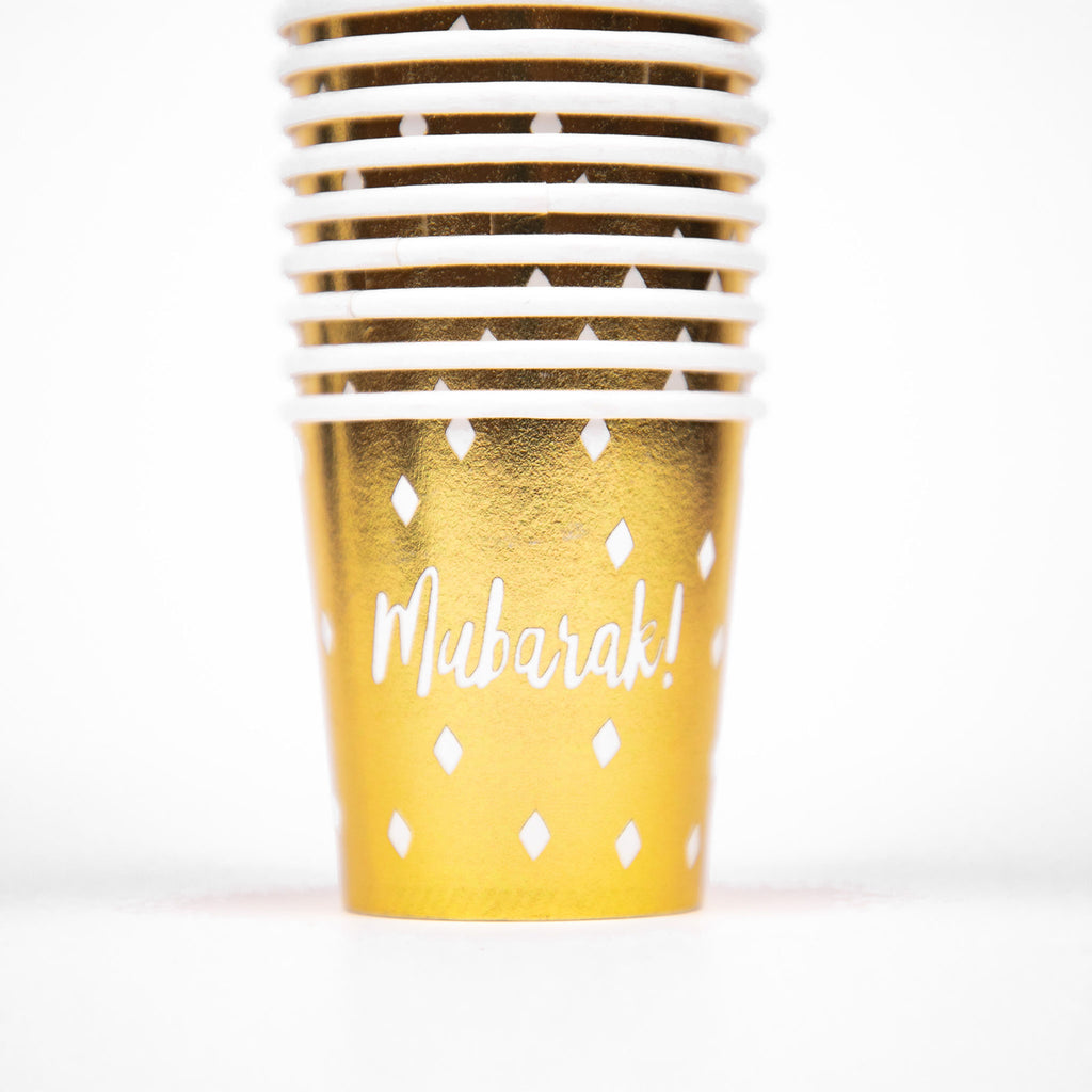 Products Metallic 'Mubarak!' Paper Cups (Set of 24) 7oz, Party, Decor, Cups, Table, Eid, Ramadan, decor, party, Eid gifts and traditions, Islamic holidays, Ramadan fasting, Eid, Ramadan, Party, Decor, Holiday, Celebrate, Trendy, Elevated style, modern, elegant