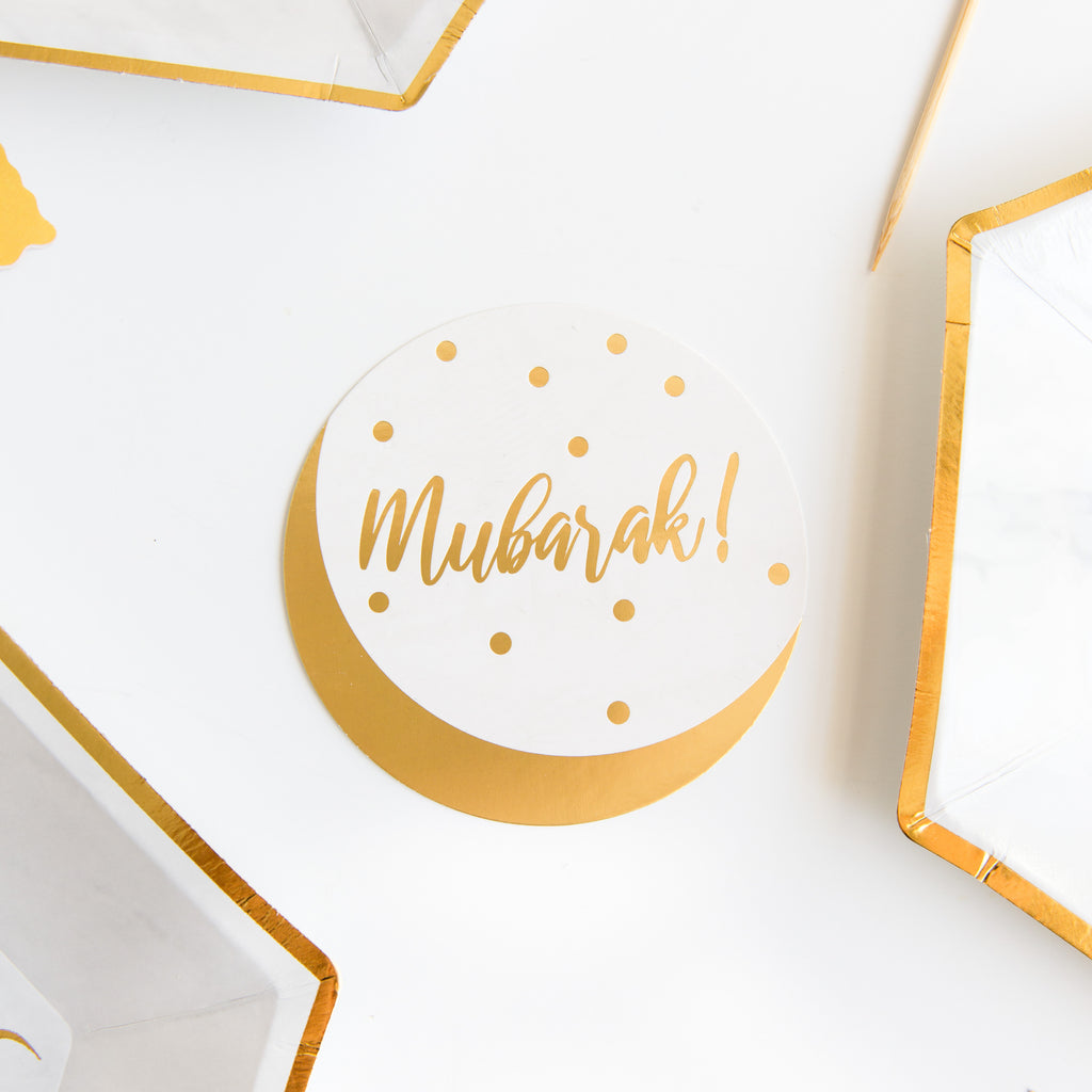 Gold Stamped 'Mubarak!' Party Coasters (Set of 12), Party, Decor, Eil, Eid, Ramadan, decor, party, Eid gifts and traditions, Islamic holidays, Ramadan fasting, Eid, Ramadan, Party, Decor, Holiday, Celebrate, Trendy, Elevated style, modern, elegant