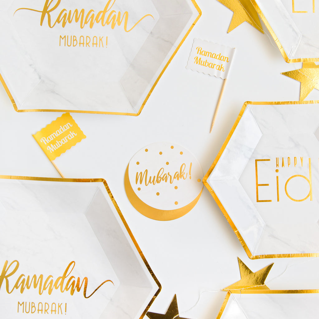 Gold Stamped 'Mubarak!' Party Coasters (Set of 12), Party, Decor, Eil, Eid, Ramadan, decor, party, Eid gifts and traditions, Islamic holidays, Ramadan fasting, Eid, Ramadan, Party, Decor, Holiday, Celebrate, Trendy, Elevated style, modern, elegant