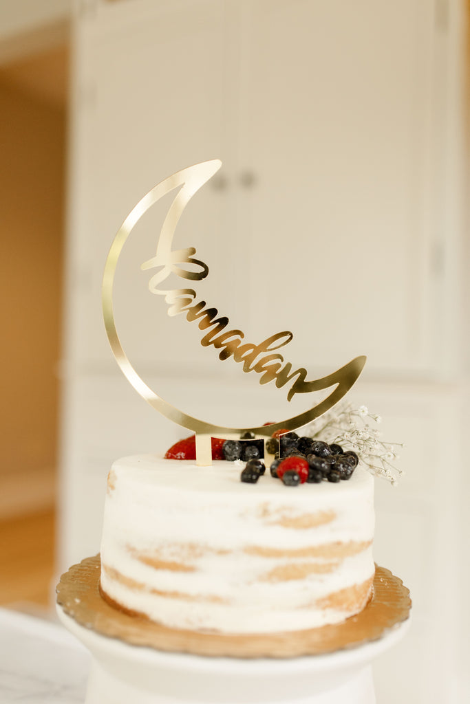 Acrylic ‘Ramadan’ Crescent Cake Topper, Party, Decor, Ramadan party, Cake, Eid, Ramadan, decor, party, Eid gifts and traditions, Islamic holidays, Ramadan fasting, Eid, Ramadan, Party, Decor, Holiday, Celebrate, Trendy, Elevated style, modern, elegant
