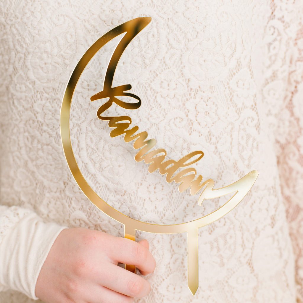 Acrylic ‘Ramadan’ Crescent Cake Topper, Party, Decor, Ramadan party, Cake, Eid, Ramadan, decor, party, Eid gifts and traditions, Islamic holidays, Ramadan fasting, Eid, Ramadan, Party, Decor, Holiday, Celebrate, Trendy, Elevated style, modern, elegant