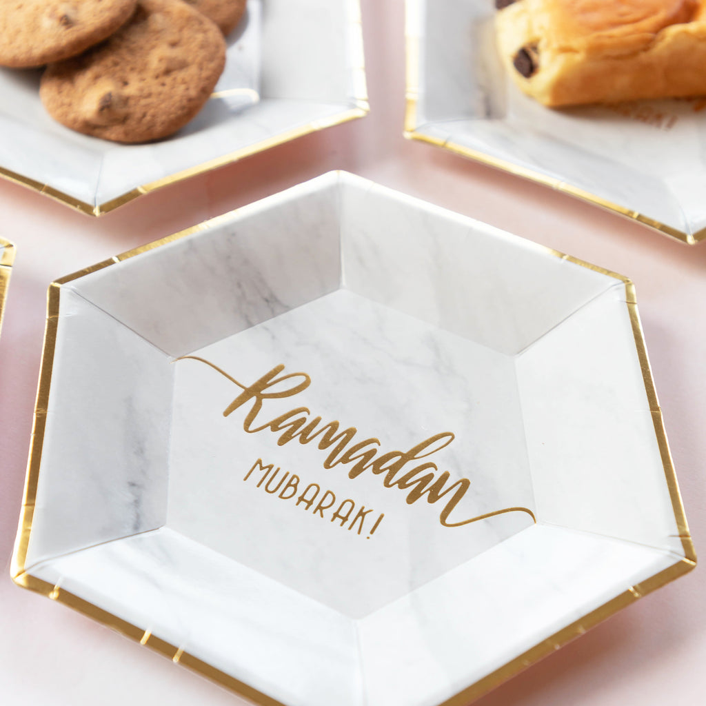 Products Hexagon Marble 'Ramadan Mubarak' Dessert Paper Plates (Set of 12), Decor, Table, Food, Party, Eid, Ramadan, decor, party, Eid gifts and traditions, Islamic holidays, Ramadan fasting, Eid, Ramadan, Party, Decor, Holiday, Celebrate, Trendy, Elevated style, modern, elegant