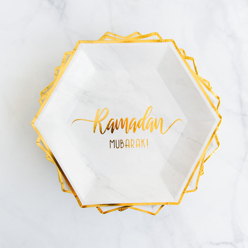 Products Hexagon Marble 'Ramadan Mubarak' Dinner Paper Plates (Set of 12), Party, food, Decor, Eid, Ramadan, decor, party, Eid gifts and traditions, Islamic holidays, Ramadan fasting, Eid, Ramadan, Party, Decor, Holiday, Celebrate, Trendy, Elevated style, modern, elegant