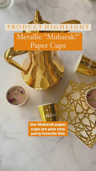 Paper cups, Party, Mubarak, Decor, Table, Products 'Mubarak!' Mini Paper Cups (Set of 100) 3oz Success, Eid gifts and traditions, Islamic holidays, Ramadan fasting, Eid, Party, water, drinks